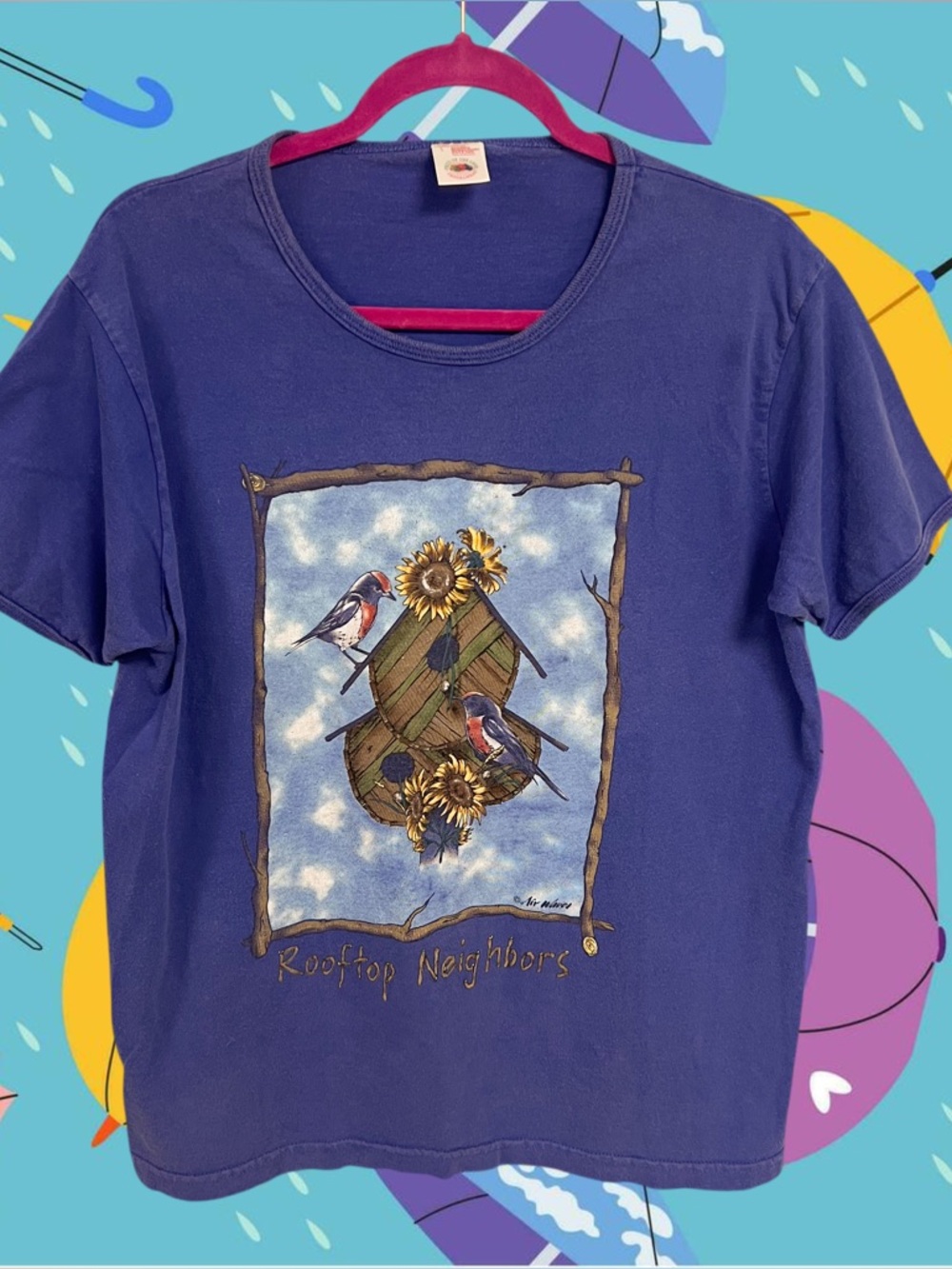 Vintage Fruit of the Loom Rooftop Neighbors birds and sunflowers blue tee